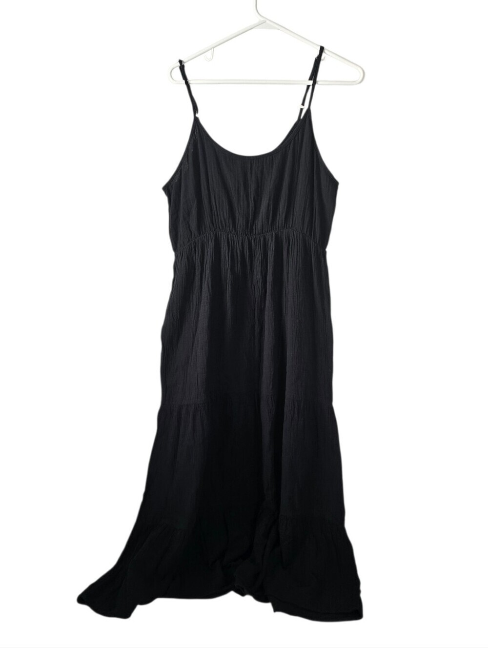 New Salty Lemon Black Cotton Gauze Tiered Midi Dress L Lightweight Travel